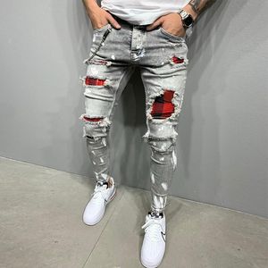 Mäns jeans Herrarna Skinny Ripped Jeans Fashion Grid Beggar Patches Slim Fit Stretch Casual Denim Pencil Pants Målande joggingbyxor 230729