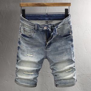 Herren Jeans Modedesigner Männer Sommer Trendy Retro Blue Elastic Ripped Short Emed Vintage Hip Hop Denim Shorts Hombre