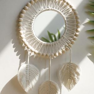 Wall Stickers 3 Leaves Round Mirror Macrame Boho Room Mirrors For Living Bedroom Decoration Bathroom Home 230731