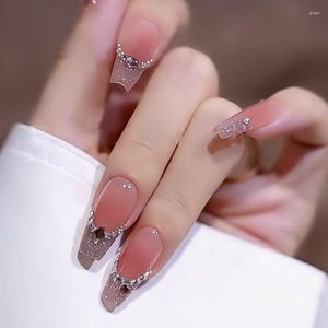 False Nails 24st Red Ballet French Long Coffin with Rhinestones Wearable Fake Full Cover Press On Tips Artificial