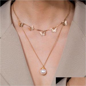 Pendant Necklaces Women Chokers Pearl Butterfly Choker Necklace Gold Chains Mti Layer Fashion Jewelry Gift Will And Sandy New Drop Del Dh2Ig