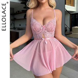 Ellolace Seksi Sweetwear Dantel Elbise Açık Pembe Yarı Saydam Nightwear fırfır ağı Çekici Kısa Elbiseler Nighty Fantasy Lingerie L230626