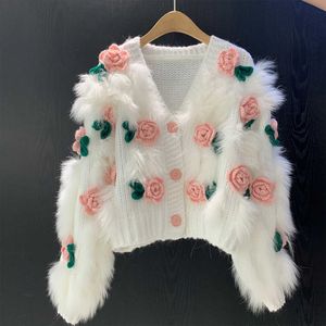 Camisola de pele sintética de outono inverno de pele natural feminina, roupas femininas, flores rosas, luxo, camisola de malha de pelúcia, jaqueta cardigã HKD230727
