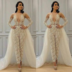 Saia destacável modesta Macacão Vestidos de Noiva Vestidos de Noiva 2021 Apliques de Renda Manga Longa Elegante Terno de Calça para Mulheres Vestidos281c