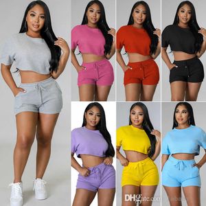 2023 Sommarny Tracksuits 2 Piece Set Women Fashion Sports Solid Color Short Sleeve Crop Top T Shirt och High midjeshorts Casual 2st Suit Outfits 8 Färger