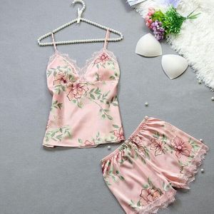 Women's Sleepwear Summer Sexy Satin Lace Korean 2 Pieces Set For Women Lingerie Sleeveless Ladies Flower Elegant Chest Pad Pajamas Suit