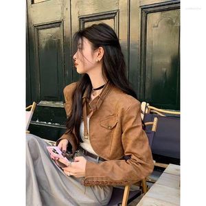 Women's Jackets For Women 2023 Outerwear Y2k Streetwear Brown PU Cuff Drawstring Design Short Exposed Navel Bomber Jacket