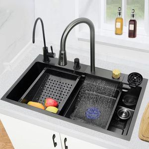 Waterfall Faucet Kitchen Sink 304 Stainless Steel Large Single Slot Multifunction Sink Cup Washer Kitchen Accessories