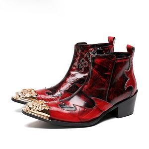 6.5 CENTIMETRI Tacchi Rock Stivali Da Uomo Stile Italiano Vino Rosso Oro A Punta In Metallo Punta Degli Uomini Stivaletti Discoteca Fase scarpe Da Uomo