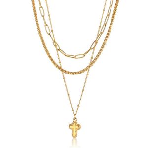 Łańcuchy Kobiety Naszyjnik Zestaw Stack Warstwy Gold Kolor Stal Stael Stal Paper Clip Satelitarna Pszenica Łańcuch Link 3PCS Tiny Cross Charm LDN2266V