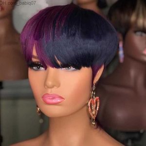 Mänskligt hår Kapslösa peruker ombre höjdpunkter Rose Purple Color Remy Human Hair Wigs Pixie Short Cut Bob Brasilian Straight No Lace Front Wig Z230731