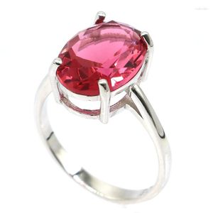 Cluster Rings 14x10mm Deluxe Pink Tourmaline White Sapphire Wedding Ladies Real 925 Solid Sterling Silver