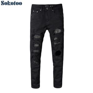 Sokotoo Men's slim skinny crystal rhinestone patchwork ripped jeans Fashion patch black stretch denim pants239A