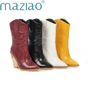 Botas brancas, pretas e amarelas, de couro sintético, botas de cano baixo para mulheres, botas de salto alto com salto grosso e estampa de cobra, botas de cowgirl ocidentais 230729