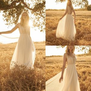 Più nuovo Rembo Styling Bohemian Simple Square Senza maniche Backless Abiti da sposa Pizzo Tulle Ruffles Abito da sposa Sweep Train robe d225c