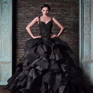 Rami Kadi Black Ball Gown Wedding Dresses Spaghetti Straps Vintage Lace Organza Ruffles Puffy Gothic Bridal Formal Dress Wedding G213c