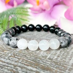 MG1889 8 mm Moonstone Labradorite Hematite Black Tourmaline Bracelet Womens Gemstone Crown Chakra Mala Yoga Jewelry