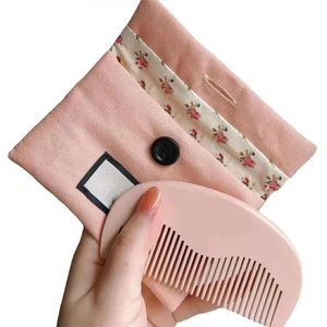 Qigu Fragrance Comb Set Wood Comb Pink floral comb Storing Mini Wooden Combs Linen makeup bag Hairdressing comb
