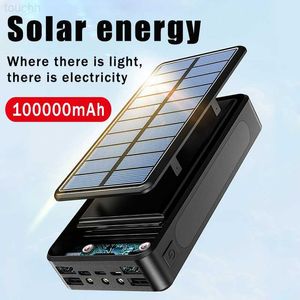 Mobiltelefon Power Banks 100000mAh Solar Power Bank Mini Portable Fast Charging Externt batteri för iPhone14 Högkapacitet PowerBank med LED -ficklampa L230731