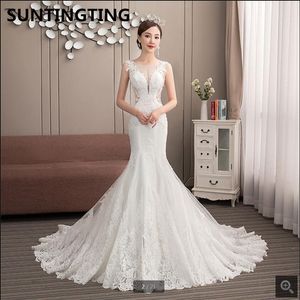 2020 new arrival long white lace mermaid wedding dress beaded appliques sleeveless sheer back sexy bridal gowns court train s228v