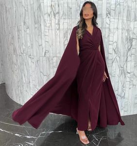 Retro Short Crepe Burgundy Evening Dresses With Cape Middle East Sheath V-Neck Pleats Ankle Length Zipper Back Robe de soiree for Women