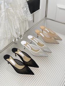 Pantofole con tacco alto di marca di design di lusso importate mesh e tomaia in cristallo Swarovski importate dall'Italia sandali con suola in pelle bovina scarpe da fabbrica di scarpe da banchetto