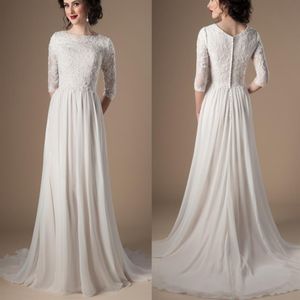 Bescheidene Brautkleider in Elfenbein und Champagner mit 3 oder 4 Ärmeln, perlenbesetzte Spitze, A-Linie, Chiffon, Boho, informelles Brautkleid, LDS, religiöse Hochzeit348P