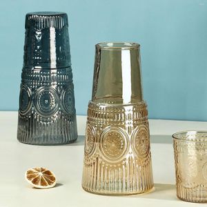 Garrafas de água em relevo vintage conjunto de chaleira fria vidro para quarto mesa de cabeceira banheiro cozinha garrafa grossa multifuncional retrô com copo