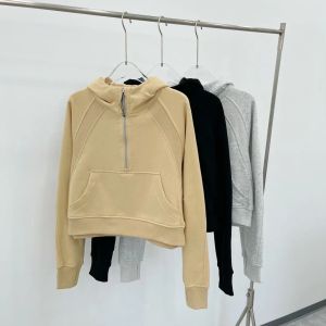 LUL Autumn e Winter Yoga Scuba Hoodie feminino mais veet jaquetas espessos capuz esportes meio zíper terry designers suéter suéter gole de roupas curtas soltas