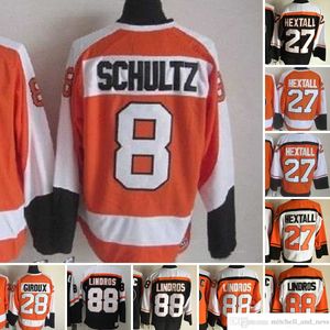 1980 Movie Vintage Hockey 27 Ron Hextall Jerseys CCM Embroidery 88 Eric Lindros 26 Brian Propp 8 Dave Schultz 28 Claude Giroux Jersey Branco Oraneg Preto