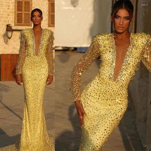 Abiti da passerella Sparkle Mermaid Prom Deep V Neck Crystal Abito da sera Abito da sera a maniche lunghe con perline su misura