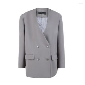 Women's Suits Korean Grey Suit Jacket 2023 Women Spring Autumn Casual V-neck Double-breasted Female Blazers Coat Loose Long Sleeve Outwear