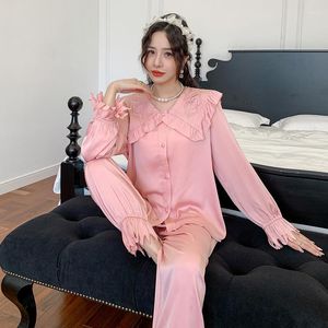 Women's Sleepwear Embroidery Ruffles Princess Collar Satin Pajamas Set Women Long Sleeve Shirt Trousers Home Clothes Nightwear Lingerie