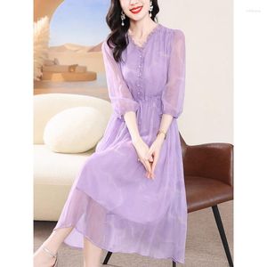 Casual Dresses 2023 Summer Boho Purple Print Chiffon Vintage Midi Dress Women Fasion Beach Vacation Korean Elegant Evening Skirt