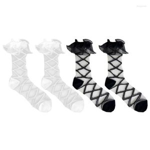 Women Socks 2pair Fashion Girls Summer Calf Pleated Hem Design Stripes Pattern Dress Under Knee Stocking Sexy 10CE