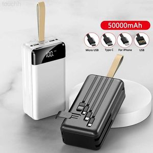 Cell Phone Power Banks Power Bank 50000mAh Powerbank Built in Cable For iPhone 12 Samsung Xiaomi 50000 mAh Poverbank External Battery with Flashlight L230728