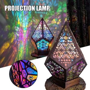 Night Lights Wooden Polar Star Diamond Lamp LED Projection Bohemian Decorative Lamp Geometric Light Home Decor Bedroom Bedside Standing Lamp P230331