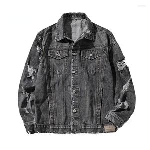 Men's Jackets Autumn Folded Collar Grey Blue Hip Hop Pilot Tattoo Split Denim Jacket Men's Motorcycle Street Apparel