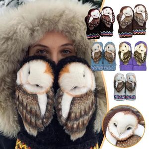 Five Fingers Gloves Winter Knitted Mittens with Owls Woven Wool Nordic Warm Women 231101