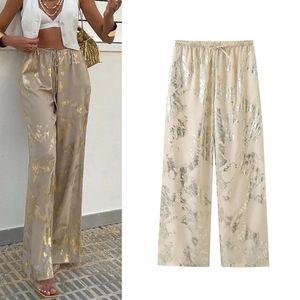 Women's Jeans TRAF Women Metalic Printed Pants 2023 Autumn Fashion Beach Holiday Casual Mid Rise Trousers Ladies Comfortable Senior Long 231031