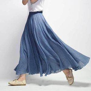 Two Piece Dress Women Linen Cotton Long Skirts Elastic Waist Pleated Maxi Beach Boho Vintage Summer Faldas SaiaTwo