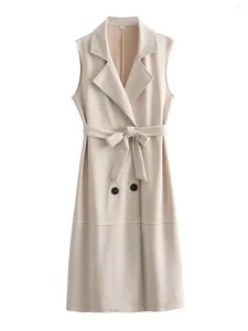 Women's Trench Coats Beige Coat With Belt Notched Collar And Long In Classic Style Sleeveless