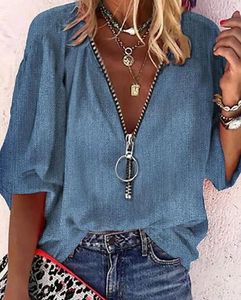 Kvinnors T -skjortor Blus Summer 2023 Fashion Solid Color Zipper Design V Neck Balloon Sleeve Top Daily Casual Pending