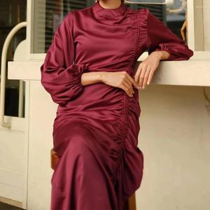 Ethnische Kleidung Muslim Mode Ramadan Langarm Satin Wrap Maxi Kleid Frauen Dubai Abaya Volle Länge Plissee Roben Islamische Eid