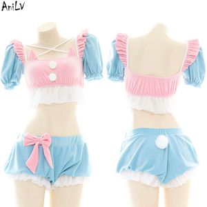 Ani student söt katt lolita flicka anime prinsessan pamas unifrom kostym heta kvinnor rosa båge baddräkt underkläder cosplay cosplay