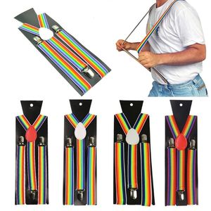Partyzubehör Unisex-Clip-On-Hosenträger, elastischer Hosenträger, siebenfarbiges Regenbogen-Streifenmuster, elastische Y-Back-Hosenträger