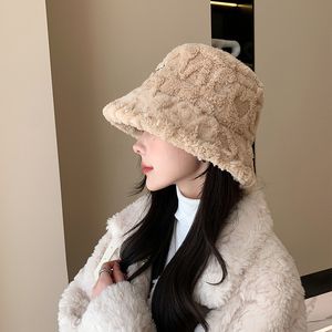 Chapéu de pescador casual de lã de cordeiro para mulheres, chapéu de bacia espesso, quente, frio e à prova de vento com letras, circunferência da cabeça e rosto grandes, chapéu de balde pequeno