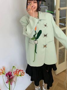 女性のスーツUNXX 2023春春グリーンコートジャケットブレザー女性エレガントなスタイリッシュなフローラルパッチハスプデザイナー韓国語