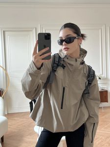 Damen Jacken QWEEK Y2K Vintage Windjacke Damen Gorpcore Streetwear Taupe Kapuzenoberbekleidung Übergroße Hip Hop Techwear Schwarzer Mantel 231101