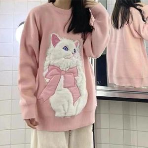 Damenpullover, lässig, übergroß, rosa, Kawaii-Cartoon-Stickerei, Pullover, Damen, einheitlicher Schachbrett-Pullover, Mantel, Herbst, locker, Y2k-Strickpullover